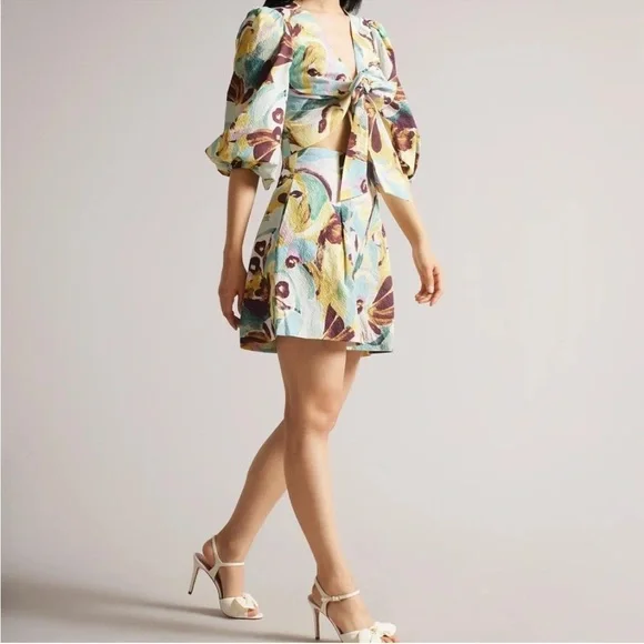 Ted Baker Bithana Set Tie Front Balloon Sleeve Blouse + Shorts Size 2 US 6 - Picture 3 of 10